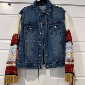 English factory denim jacket with knit fringe detail.